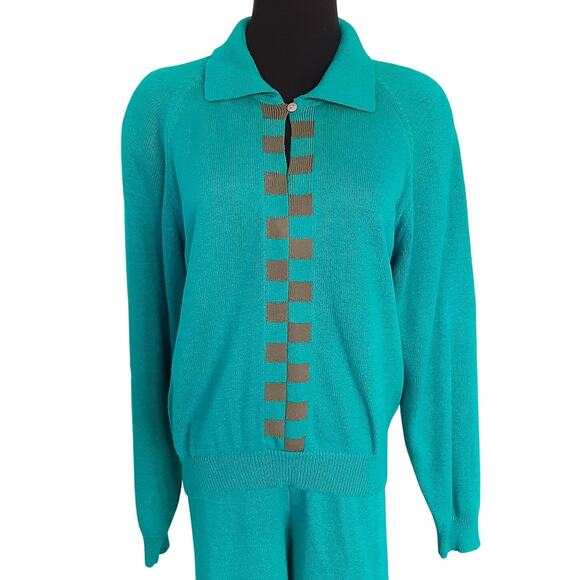 Vintage 80s Collared Crop Sweater + Straight Leg Knit Pants Set Aqua Womens L/XL - Picture 3 of 10